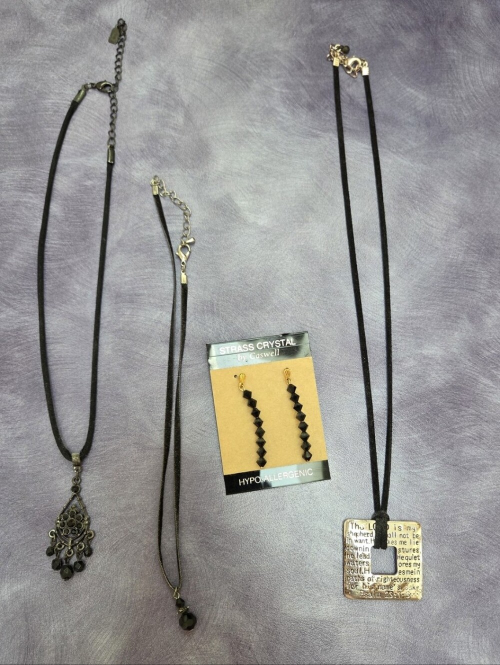 Black Cord Necklace Trio with Pendant & Dangle Earrings